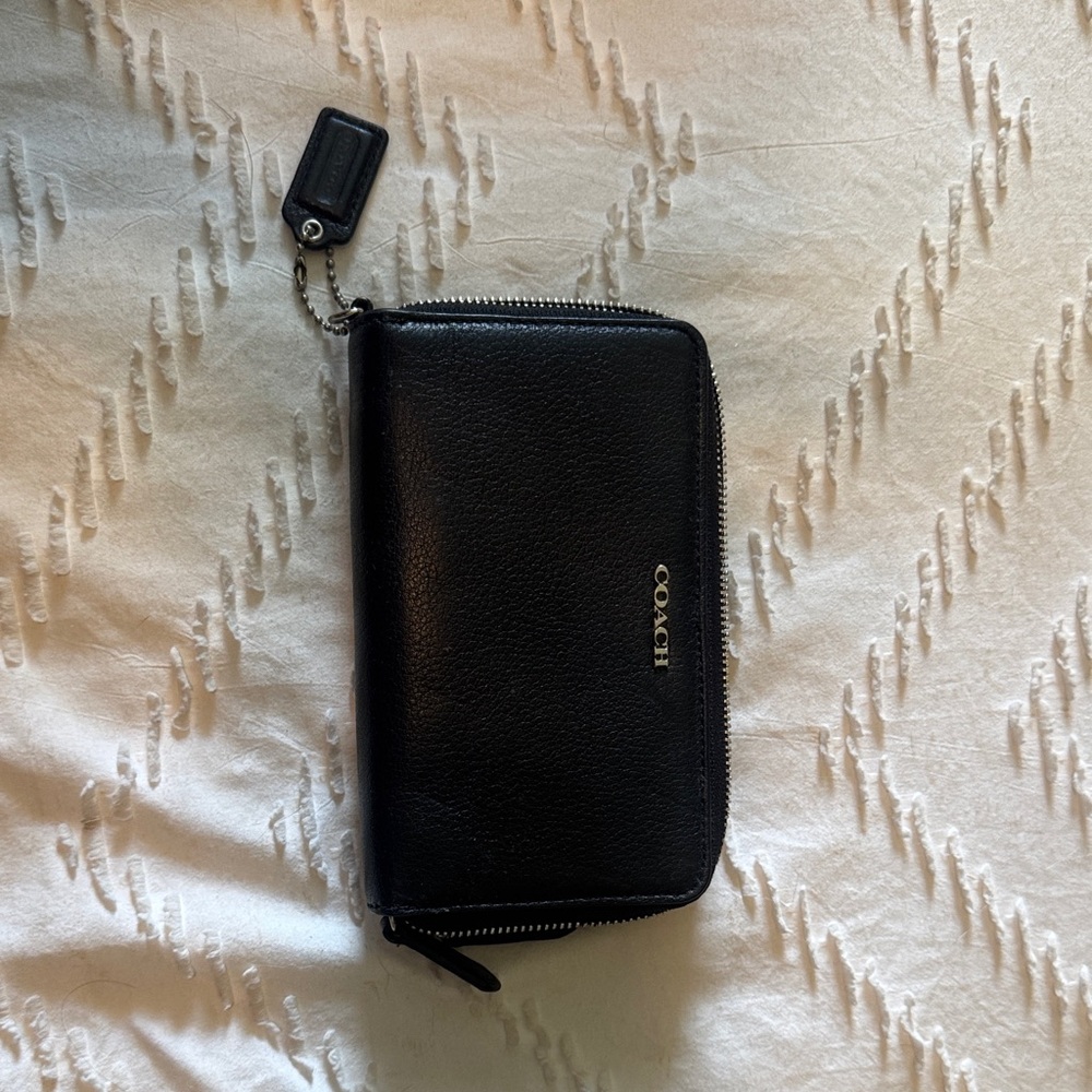 Coach Black Leather Zip Around Phone Wallet Case